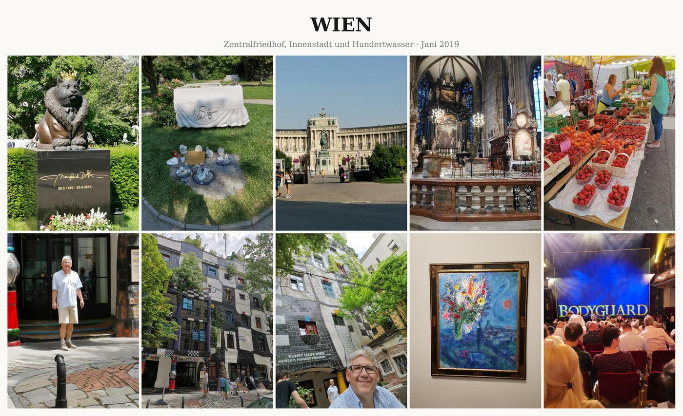 Fotocollage Wien: Zentralfriedhof, Innenstadt und Hundertwasser